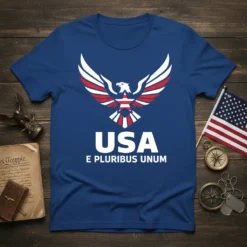 Blue t-shirt with USA E Pluribus Unum text and a red, white, and blue eagle graphic