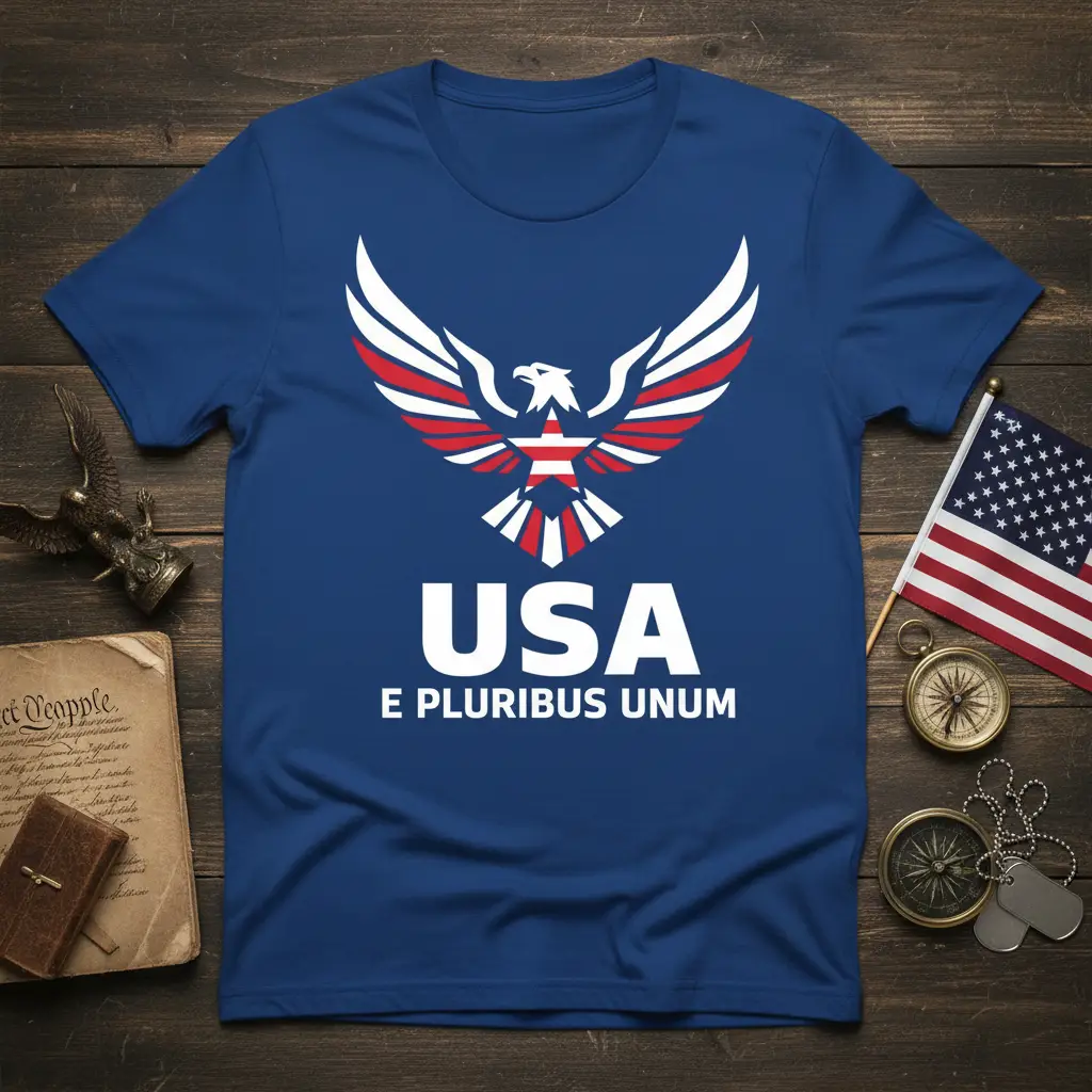 Patriotic USA E Pluribus Unum text with a striking red, white, and blue eagle design on a blue t-shirt