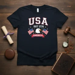 USA EST 1776 AMERICA patriotic t-shirt with eagle and American flags, dark heather graphic