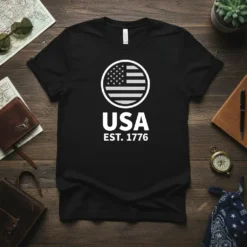 Black t-shirt with white USA EST. 1776 design featuring a circular American flag graphic above bold text