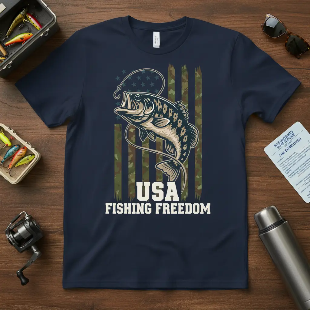 USA Fishing Freedom text design with bass fish and camouflage American flag graphic