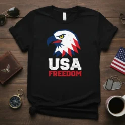 USA FREEDOM text with an American eagle graphic on a black t-shirt, featuring red, white, and blue colors
