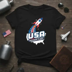 USA FREEDOM FLIGHT t-shirt design with a rocket launching over the USA map, featuring red, white, and blue colors