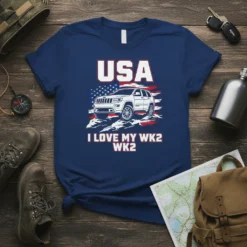 USA I Love My WK2 WK2 Jeep T-Shirt with American flag graphic and white SUV