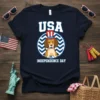 USA Independence Day t-shirt design with a cute beagle wearing a patriotic hat and bow tie, centered within a blue