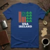 USA Ireland flag t-shirt design featuring orange stripes and green shamrocks with USA IRELAND text