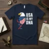 USA IS MY DNA patriotic t-shirt design featuring an eagle with American flag shield and DNA helix graphic