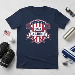 USA Lacrosse graphic t-shirt with patriotic shield and crossed lacrosse sticks, navy blue shirt