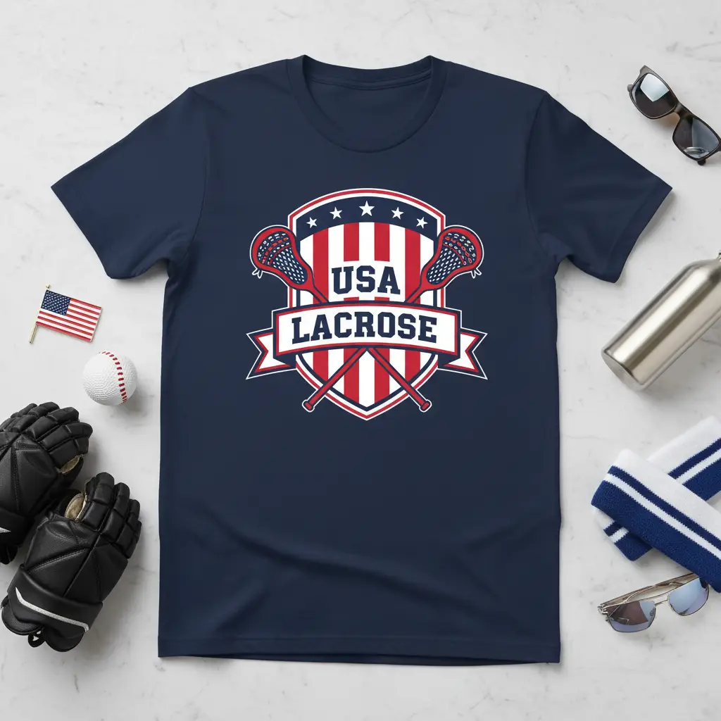 USA Lacrosse patriotic shield design with crossed sticks and American flag elements on navy tee