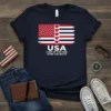 USA Land of the Free Home the Brave text with distressed American flag graphic and heart accents on a navy