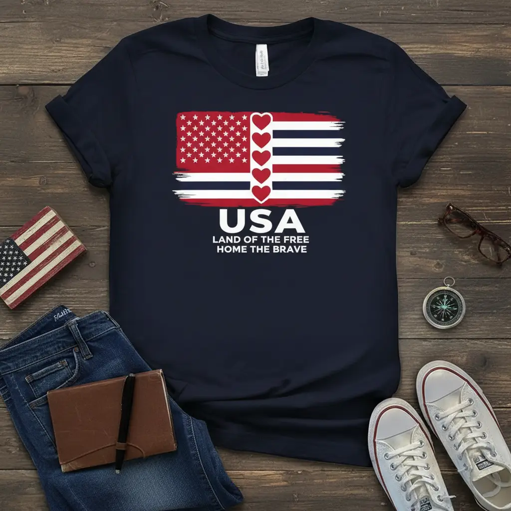 USA Land of the Free Home the Brave text and distressed US flag graphic with heart accents on a navy tee