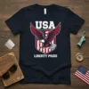 USA Liberty Pride text with an eagle on a shield graphic, patriotic American theme, navy blue t-shirt