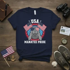 USA Manatee Pride t-shirt design featuring a manatee wearing sunglasses and American flags