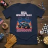 USA Monster Truck Showdown graphic tee with a red, white, and blue monster truck, desert landscape, and fireworks