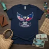 Navy blue t-shirt featuring an eagle with USA and Philippines flags, text "USA PHILIPPINES" below