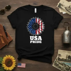 USA PRIDE text below an American flag sunflower graphic on a black t-shirt