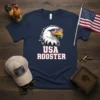 USA ROOSTER graphic tee featuring a patriotic eagle wearing sunglasses with the American flag design