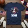 USA Soccer Team Cats T-Shirt featuring two black cats playing soccer with an American flag shield, text reads USA Soccer
