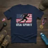 Runner silhouette against American flag with text USA SPIRIT on navy t-shirt