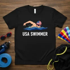 USA Swimmer t-shirt design featuring a swimmer with an American flag swim cap and goggles in blue water