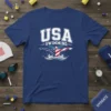 USA Swimming graphic t-shirt with patriotic swimmer design and distressed text