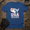USA Welder T-Shirt design with a hand holding a welding torch over a map of the United States, patriotic colors