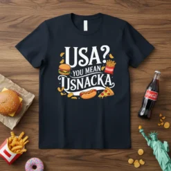 USA? YOU MEAN USNACKA t-shirt design with cartoon hamburger, hot dog, pizza, fries, and chips
