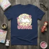 Usagi text with a white bunny and pink cherry blossoms design on a navy t-shirt