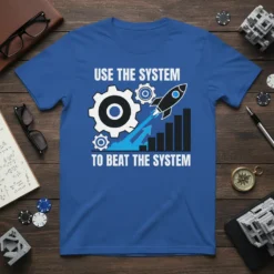 T-shirt with white text "Use The System To Beat The System" and graphic of gears, rocket, and bar chart