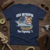 USS Intrepid The Fighting "I" t-shirt design featuring an aircraft carrier, anchor, and American flag