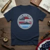 USS Monitor T-Shirt design featuring an illustration of the ironclad warship with the American flag and patriotic colors
