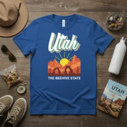 Utah The Beehive State t-shirt design with desert arches, mountains, and sun graphic
