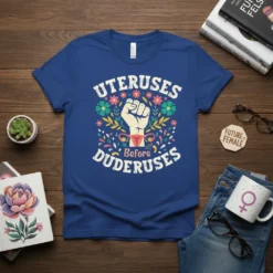 Blue t-shirt with "UTERUSES BEFORE DUDERUSES" text, a raised fist graphic, uterus illustration, and floral accents