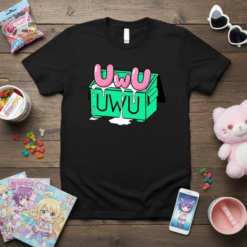 Black t-shirt with pink UwU UWU text above a melting green dumpster graphic