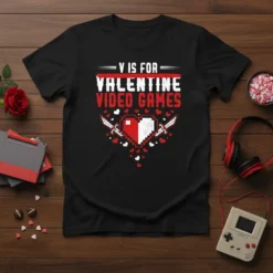 V is for Valentine Video Games T-Shirt with pixel heart and swords, retro gaming design