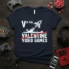 V is for Valentine Video Games T-Shirt design with a rocket ship and crossed-out Valentine text