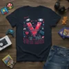 T-shirt with "V IS FOR VIDEO GAMES" text and gaming controller graphics in red and blue