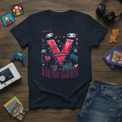 T-shirt with "V IS FOR VIDEO GAMES" text and gaming controller graphics in red and blue
