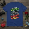 V Stands for Victory in Video Games Not in Valentine's Day quote on a navy blue t-shirt, featuring gaming controllers