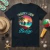 Vacation Crew 2025 Belize t-shirt with a sunset beach graphic and family silhouette