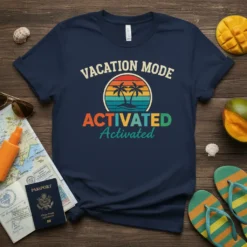 VACATION MODE ACTIVATED T-Shirt with a retro sunset and palm trees graphic