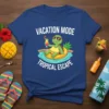 Vacation Mode Tropical Escape text with a cartoon turtle floating on a pineapple inner tube