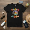 Retro vacay mode t-shirt featuring a colorful beach sunset with palm trees and wavy text