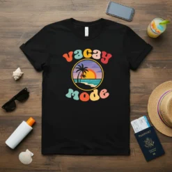 Retro vacay mode t-shirt featuring a colorful beach sunset with palm trees and wavy text