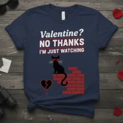 Valentine? NO THANKS I'M JUST WATCHING text with a cool black cat on a brick wall design