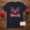 Valentine's Day t-shirt with a large heart made of smaller red and pink hearts and a pink ribbon accent