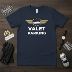 Navy blue t-shirt with white "VALET PARKING" text and a golden winged shield emblem featuring a classic car