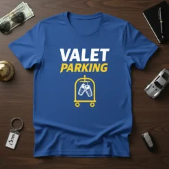 Blue t-shirt with white and yellow "VALET PARKING" text and an icon of a luggage cart with car keys