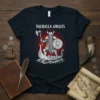 Valhalla Awaits T-Shirt with a Viking warrior holding an axe and shield, set against a circular Norse design