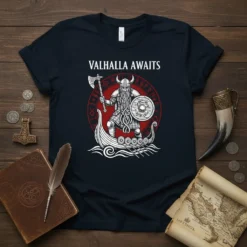 Valhalla Awaits T-Shirt with a Viking warrior holding an axe and shield, set against a circular Norse design